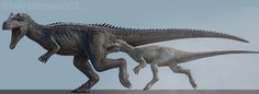 two large dinosaurs are walking side by side in the air with their heads turned to look like they're attacking each other