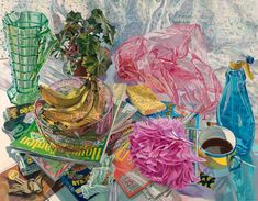 a painting of flowers, bananas and other items on a table with a cup of coffee