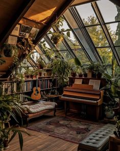 a room filled with lots of plants next to a window covered in bookshelves