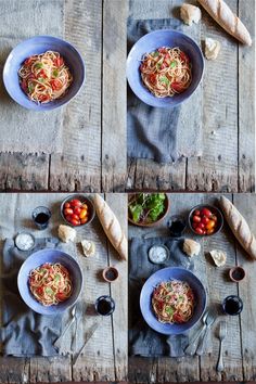 four pictures of different bowls of food on a wooden table with bread and wine glasses