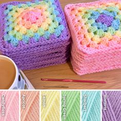 crocheted square coasters with different colors and sizes on the table next to a cup of coffee