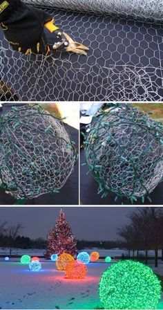 christmas lights in the shape of balls on a wire mesh fence and an image of a tree