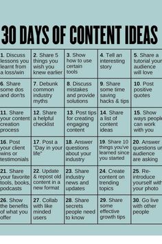 the 30 days of content ideas for bloggers to use on their blog or website