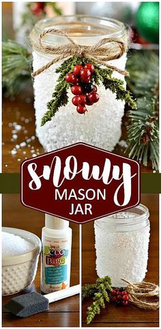 mason jar craft project for christmas with snow in it and holly on the top, surrounded by other items