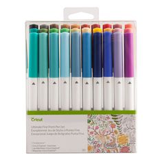 six different colored markers in a box with the packaging on it's front and side