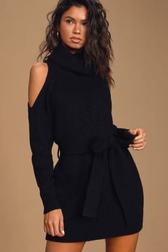 Sexy Sweater Dresses at Lulus | Sweater Dresses for Women Cold Shoulder Sweater Dress, Cute Sweater Dresses, Black Turtleneck Sweater, Sweater Dress Outfit, Bodycon Sweater Dress, Black Sweater Dress, Lace Skater Dress, Ribbed Dress, Cold Shoulder Sweater