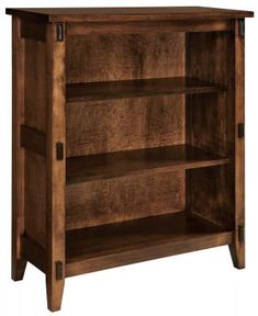 a wooden bookcase with two shelves on one side and an open shelf on the other