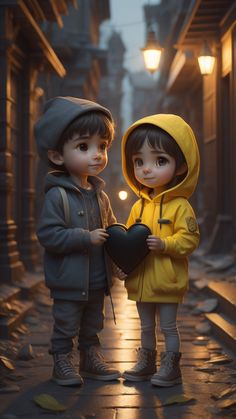 two children standing in the rain, one holding a heart shaped pillow and the other wearing a yellow jacket