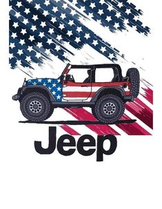 a jeep with an american flag on it and the word jeep written in black ink