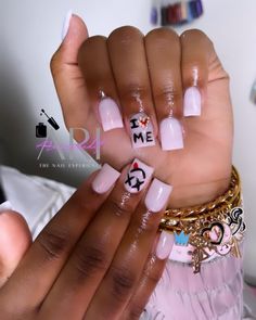 Short Acrylic Nails With Letter, Purple Acrylic Nails Square Short, Instagram Baddie Acrylic Nails Short, Shorties Pink Acrylic Nails, Pretty Acrylic Nails Short Square, I Heart Me Nails Design, Libra Nails Design Short, Kaws Valentines Nails, Cute Short Acrylic Nails For Birthday