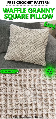 the crochet pattern is shown with text that reads, free crochet pattern waffle granny square pillow