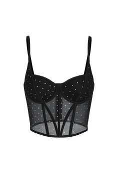 Shine like a star with our Rhinestone Mesh Bustier Lingerie Top! This glamorous piece combines sultry mesh with dazzling rhinestones, creating a dazzling spectacle that's sure to captivate. Whether you're looking to make a statement or add a touch of sparkle to a special occasion, this bustier lingerie top is your go-to choice for radiant confidence. Product code: CAA11B3J014AA Features:  Knit Sweetheart neckline Adjustable cami straps Mesh insert Lightly lined Rhinestones/Faux gems Binding  Lon Rhinestone Bustier Top, Rhinestone Bustier, Shine Like A Star, Bustier Lingerie, Lingerie Top, Lingerie Tops, Swimwear Beach, Bustier Top, Beach Look