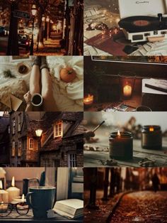 a collage of photos with candles, books and other things in them on the table