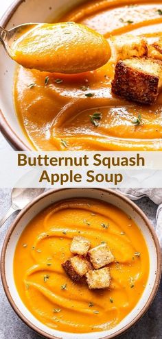 butternut squash apple soup with croutons in a bowl