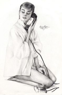 a pencil drawing of a woman sitting on the ground talking on a phone with her eyes closed