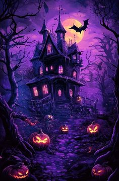 a creepy house with pumpkins on the ground in front of it and bats flying around