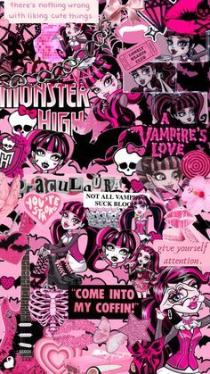 pink and black collage with lots of different stickers on it's side