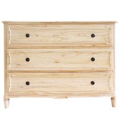 a wooden dresser with three drawers on one side and two knobs on the other