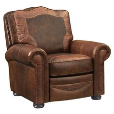 a brown leather recliner chair sitting on top of a white floor