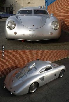 two pictures of an old silver car parked in front of a brick wall and another photo of the same vehicle