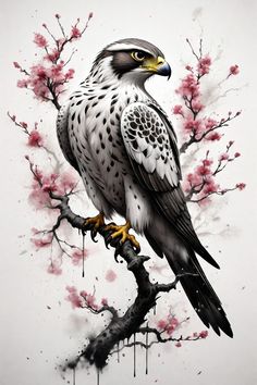 a bird sitting on top of a tree branch with pink flowers in the back ground
