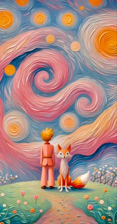 a painting of a person and a fox standing in front of a sky with swirls