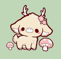 an animal with horns and a bow on it's head sitting next to a mushroom