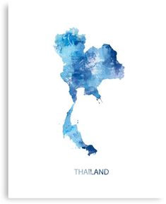 a watercolor map of thailand with the name and shape in blue ink on a white background