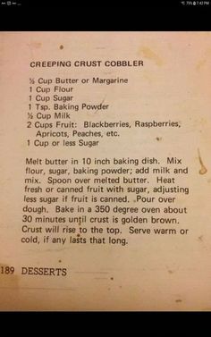 an old recipe for crepe crust cobbler with instructions on the back side