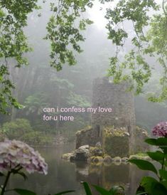 an old stone tower surrounded by trees and flowers in the rain with a poem written on it