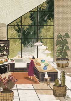 a painting of a woman in a kitchen with plants and potted cacti