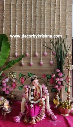 Varalakshmi Pooja Decoration Home, Traditional Stage Decoration, Varalakshmi Vratham Decoration, Mahalaxmi Decoration, Varalakshmi Pooja Decoration, Varalaxmi Pooja Decoration Ideas, Seemantham Decoration, Indian Decor Diy, Varalakshmi Decoration