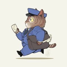 a cat dressed as a police officer running with a book in his hand and looking at the camera