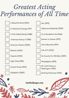 a checklist with red, white and blue flowers on it that says greatest acting performance of all time