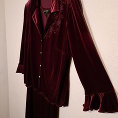 Nwt. Stunning And Elegant 2pc Set In A Gorgeous Red Wine Color And Velour Material. Very Soft. Dress Is A Maxi Dress That Has Small Details Like The Scalloped Neckline But The Jacket Is What Gives It The Extra Something. Jacket Is 3/4 Sleeve With Some Ruffles. Button Down With Some Bling Pearl Buttons. Intricate Embellishments That Make It Look Sophisticated. Jacket Also Has Padded Shoulders That Can Be Easily Removed. Excellent Dress For The Holidays, Wedding, Party Event Etc. It's Definitely B Velour Dresses, Ruffled Top Dress, Red Wine Color, Look Sophisticated, Sweetheart Neckline Dress, Scalloped Neckline, Velour Dress, Boho Midi Dress, Corset Mini Dress