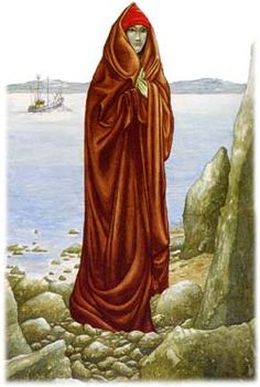 a painting of a woman standing on rocks by the water with a red cloak over her head