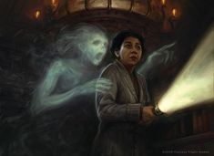 a painting of a woman holding a flashlight