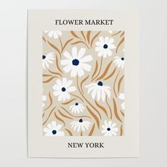 a white and orange flower market card with the words new york on it in black lettering