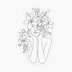 a line drawing of a woman holding flowers in her hair, with one hand on her face
