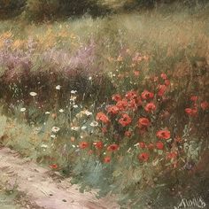a painting of red flowers in a field with grass and dirt path leading to it