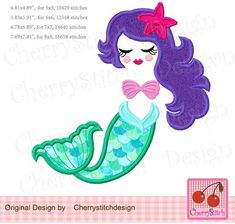 an applique design of a mermaid with purple hair and pink bow on her head