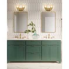 a bathroom vanity with two mirrors above it