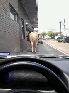 a man riding on the back of a brown horse down a street next to a building