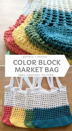 four crocheted bags with the text, color block market bag free crochet pattern