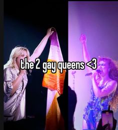 two women are performing on stage with the words, the 2 gay queens = 3