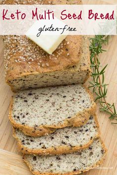 sliced loaf of keto multi seed bread on a cutting board