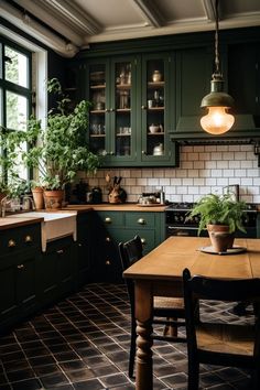 a kitchen with dark green cabinets and tile flooring, potted plants on the counter