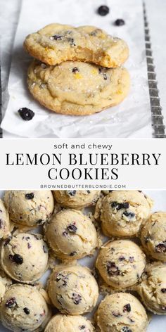 lemon blueberry cookies are stacked on top of each other with the words soft and chewy