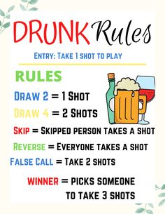 the rules for drinking alcohol in front of a poster that says drunk rules and drinks