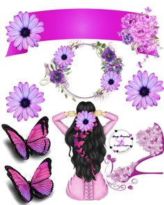 an image of a woman with flowers and butterflies on her head, surrounded by other items